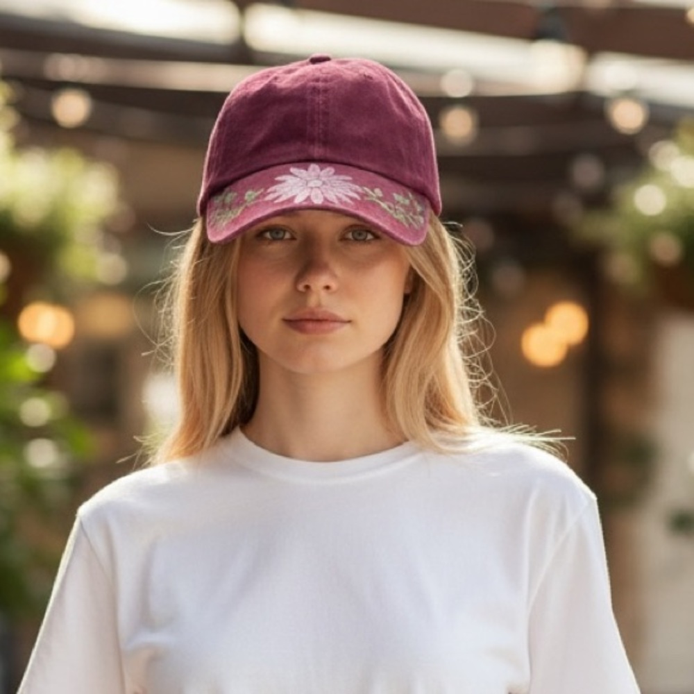 Custom Wine Colored Baseball Cap for Women with Hand Painted Floral Design